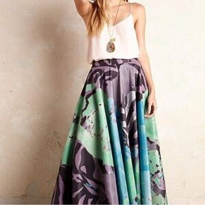 Anthropologie Blue and Green Asymmetrical A-Line Maxi Skirt